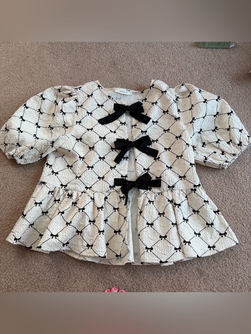 Idem ditto White Puff Sleeve Bow tie Accent Top blouse - Picture 3 of 7